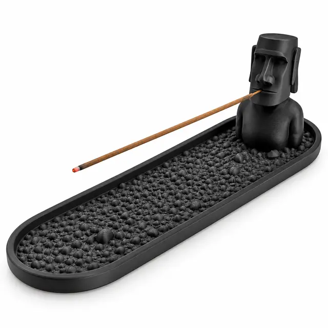 Large Incense Holder with Moai Head & Pebble Tray, 31 cm, Charcoal Black