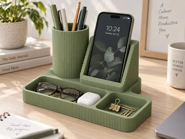 Multifunctional Desk Organizer with Mobile Phone Stand, Pen Holder and Storage Tray for Eyeglasses, Earbuds, Paper Clips and Office Accessories, Sage