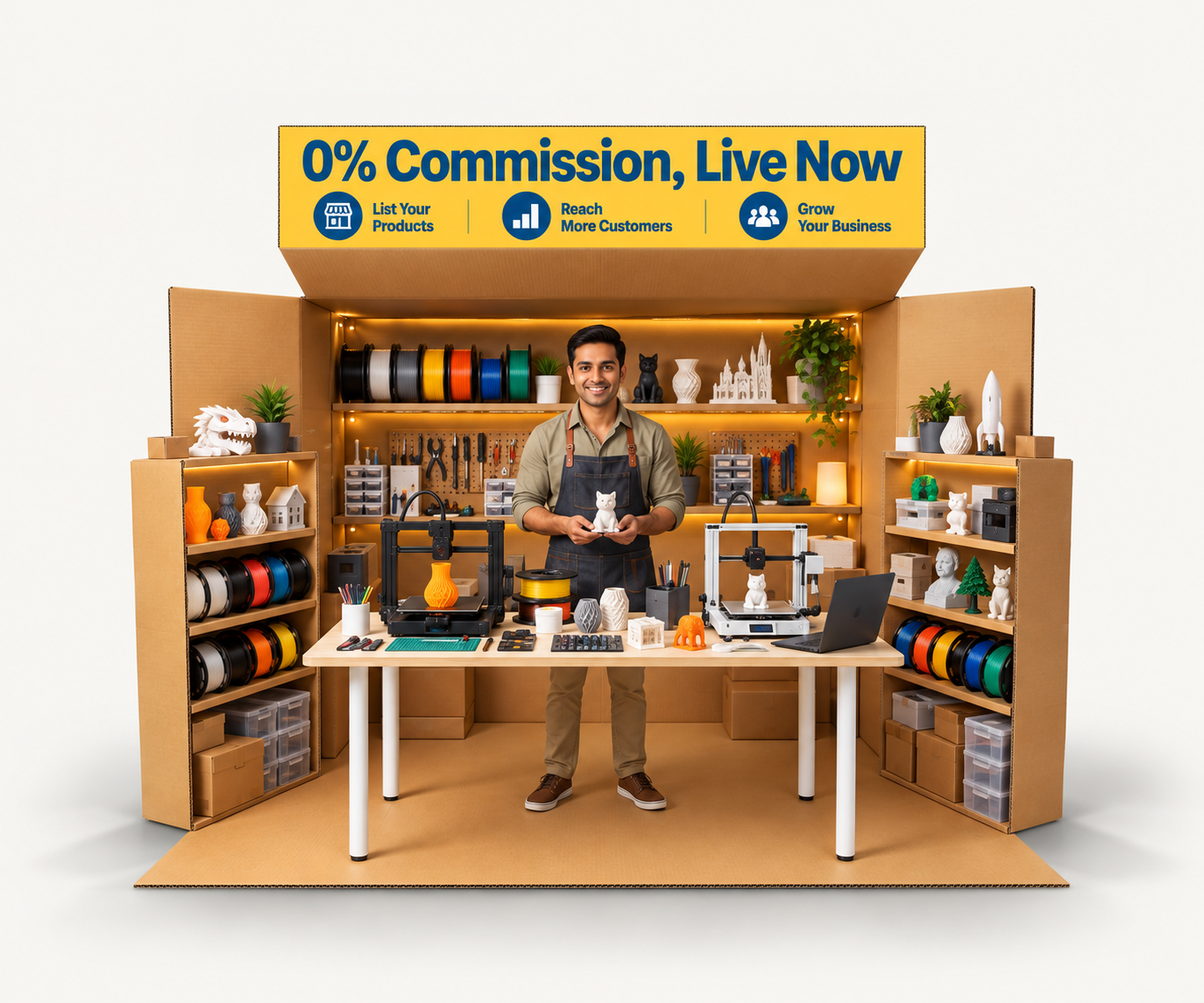 3D printing workshop illustration in a cardboard-box setup featuring a maker, 3D printers, colorful filament spools, printed products, and organized shelves. A